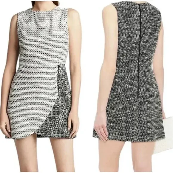 Alice + Olivia Sally Side Zip Tweed Mini Dress 8 Black White Business Casual NEW - Picture 2 of 13